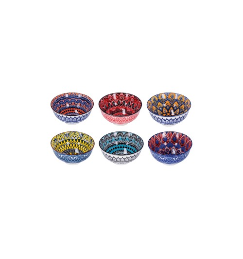 Set di 6 ciotole scodelle in ceramica "Eva", decorate a mano con fantasie stile arabo, arabesco - diam. cm. 11,5 x h. cm. 6