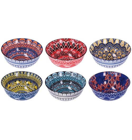 Set di 6 ciotole scodelle in ceramica "Eva", decorate a mano con fantasie stile arabo, arabesco - diam. cm. 20 x h. cm. 9