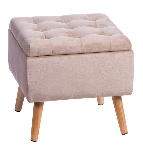 Set da due pouf in velluto "Amad" con contenitore e gambe in legno - crema - cm. 39 x 39 x h. cm. 38,5