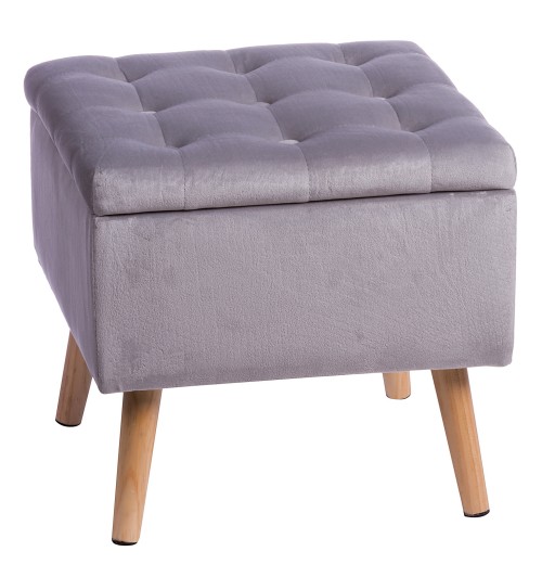 Set da due pouf in velluto "Amad" con contenitore e gambe in legno - grigio - cm. 39 x 39 x h. cm. 38,5