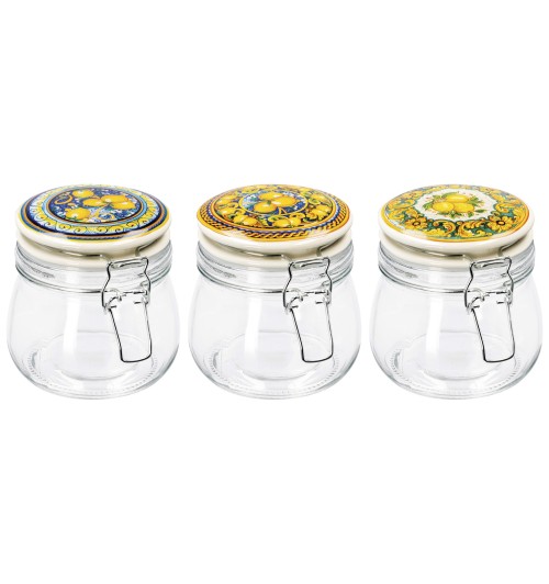 Set 3 barattoli contenitori in vetro con coperchio in ceramica dipinta e chiusura ermetica - assortiti in 3 decori con fantasie siciliane agrumi limoni - ogni barattolo contenitore misura diam. cm. 11 x h. cm. 12