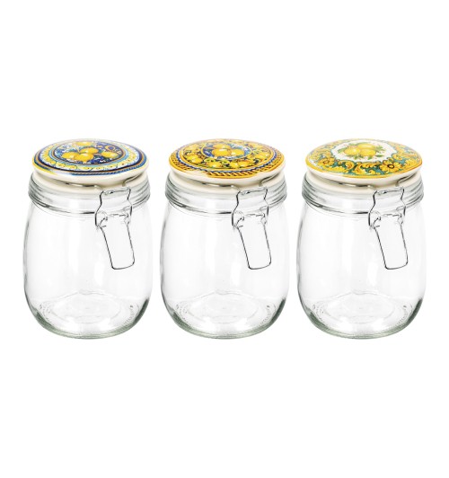 Set 3 barattoli contenitori in vetro con coperchio in ceramica dipinta e chiusura ermetica - assortiti in 3 decori con fantasie siciliane agrumi limoni - ogni barattolo contenitore misura diam. cm. 11 x h. cm. 15,5