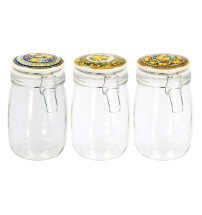 Set 3 barattoli contenitori in vetro con coperchio in ceramica dipinta e chiusura ermetica - assortiti in 3 decori con fantasie siciliane agrumi limoni - ogni barattolo contenitore misura diam. cm. 11 x h. cm. 19