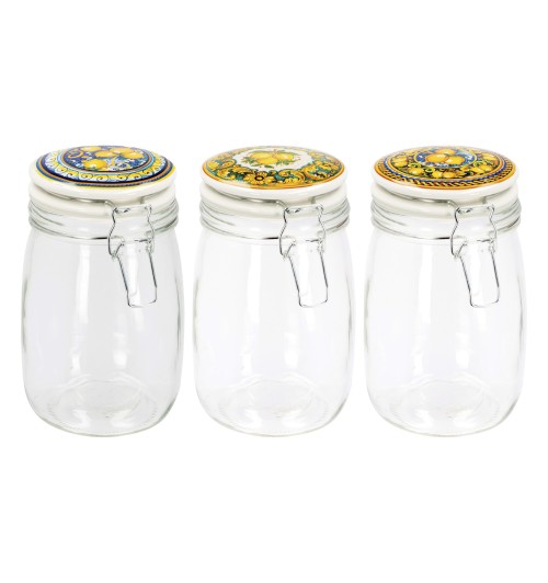 Set 3 barattoli contenitori in vetro con coperchio in ceramica dipinta e chiusura ermetica - assortiti in 3 decori con fantasie siciliane agrumi limoni - ogni barattolo contenitore misura diam. cm. 11 x h. cm. 19