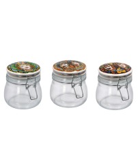 Set 3 barattoli contenitori in vetro con coperchio in ceramica dipinta e chiusura ermetica - assortiti in 3 decori con fantasie siciliane teste di moro - ogni barattolo contenitore misura diam. cm. 11 x h. cm. 12