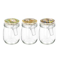 Set 3 barattoli contenitori in vetro con coperchio in ceramica dipinta e chiusura ermetica - assortiti in 3 decori con fantasie siciliane teste di moro - ogni barattolo contenitore misura diam. cm. 11 x h. cm. 15,5