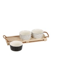 Set 3 ciotole in ceramica con vassoio in legno mod. pallet e manici in corda - diam. cm. 8,5 x h. cm. 4 / vassoio: cm. 28,5 x 10