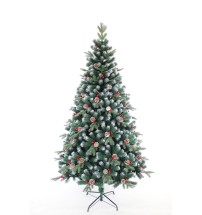 Albero di Natale innevato in PVC e PE "Crans-Montana" con bacche e pigne - diam. cm. 120 x h. cm. 210