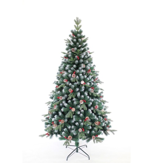 Albero di Natale innevato in PVC e PE "Crans-Montana" con bacche e pigne - diam. cm. 120 x h. cm. 210