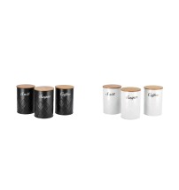 Set tre barattoli in latta con coperchio in bamboo, sale, zucchero, caffè - diam. cm. 9,5 x h. cm. 13