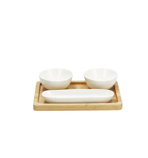 Set 3 ciotole in ceramica con vassoio in bamboo - vassoio: cm. 22 x 15,5