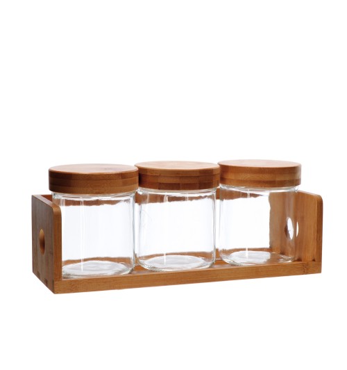 Set 3 barattoli in vetro con coperchio e supporto in bamboo - diam. cm. 10,5 x h. cm. 12,5 / supporto: cm. 34 x 12,5 x h. cm. 9