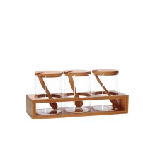 Set 3 barattoli in vetro borosilicato con coperchio, cucchiaio e supporto in bamboo - diam. cm. 8 x h. cm. 11,5 / supporto: cm. 29 x 9,5 x h. cm. 6