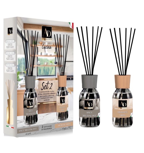 Set 2 diffusori di fragranza con midollini CUCINA - Spicy Melting Pot e Aromatic Vibes - 125 ml.