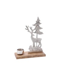 Porta tea light in metallo mod. albero di Natale e renna con base in legno - cm. 21,5 x 7,5 x h. cm. 28