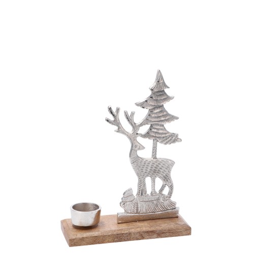 Porta tea light in metallo mod. albero di Natale e renna con base in legno - cm. 21,5 x 7,5 x h. cm. 28