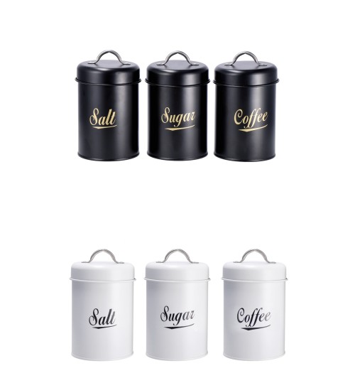 Set tre barattoli in latta con coperchio, sale zucchero e caffè - diam. cm. 10,5 x h. cm. 18