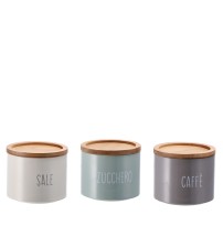 Set tre barattoli in latta con coperchio in bamboo, sale zucchero e caffè - diam. cm. 11 x h. cm. 9,5