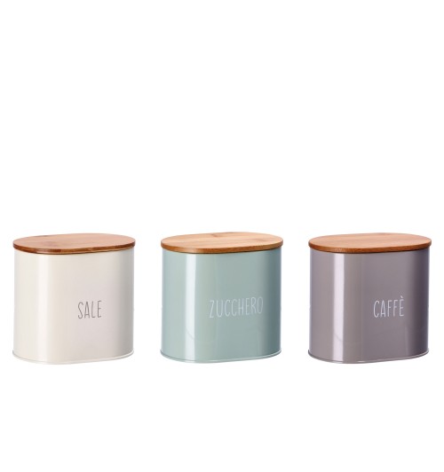 Set tre barattoli in latta con coperchio in bamboo, sale zucchero e caffè - cm. 14,5 x 10,5 x h. cm. 13,5