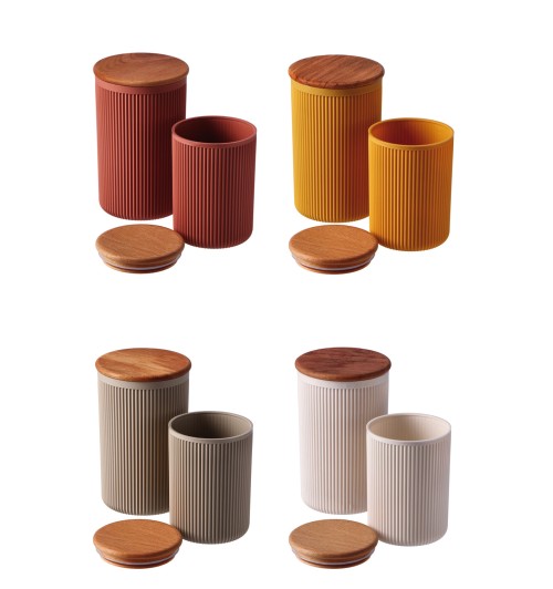 Set 2 barattoli in plastica con coperchio in legno - diam. cm. 8,5 x h. cm. 12 / diam. cm. 9,5 x h. cm. 15,5