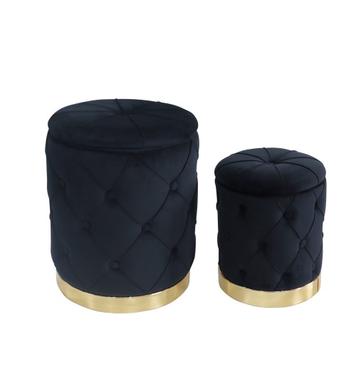 Set 2 pouf in velluto "Jeremy" con contenitore e base in metallo - neri - diam. cm. 31 x h. cm. 38 / diam. cm. 42 x h. cm. 52