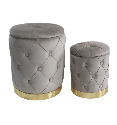 Set 2 pouf in velluto "Jeremy" con contenitore e base in metallo - grigi - diam. cm. 31 x h. cm. 38 / diam. cm. 42 x h. cm. 52