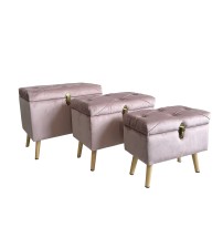 Set 3 pouf in velluto "Colin" con contenitore e gambe in legno - rosa - cm. 47 x 26 x h. cm. 40,5 / cm. 54 x 34 x h. cm. 46 / cm. 62 x 42 x h. cm. 53